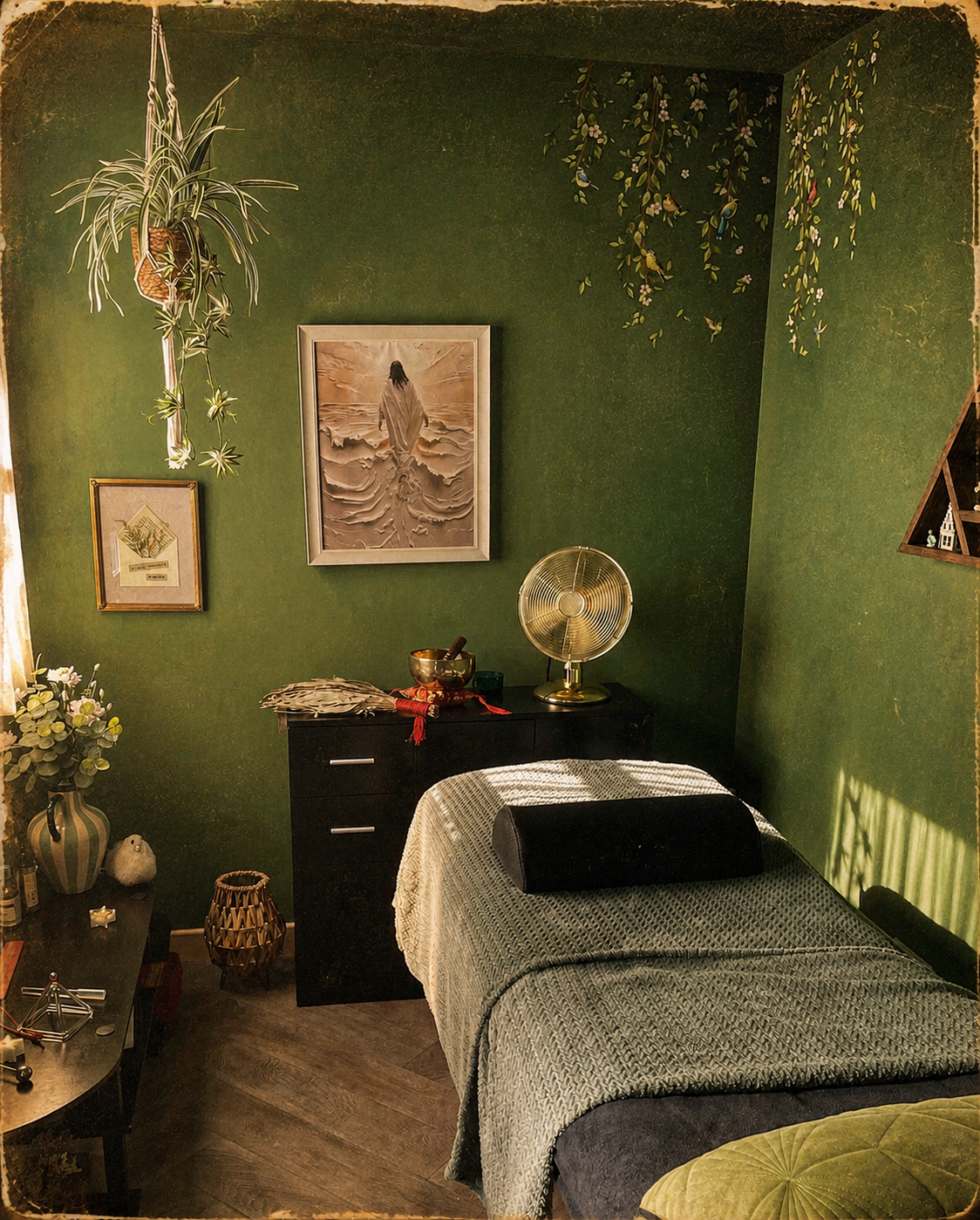 A cosy green treatment room with a massage bed and warm lighting